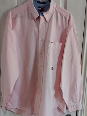 Vintage Tommy Hilfiger Striped Shirt Mens L Pink White Lion Rampant Crest 90s Y2